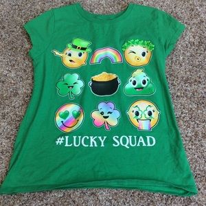 Girls green emoji saint Patrick day tee shirt used
